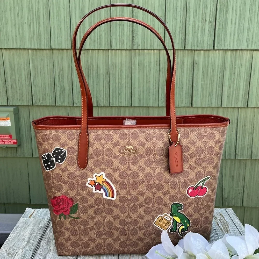Coach City Tote Bag Purse In Signature Canvas With Sticker Print Rexy